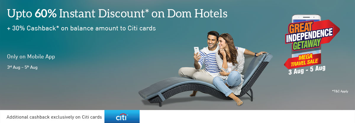 Upto 60% Instant Discount + 30% cashback Domestic Hotels on balance amount to citi cards (Valid on Mobile App) @ Makemytrip – Travel